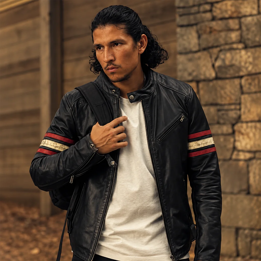 Danny Ramirez Black Mirror Season 6 Striped Leather Moto Jacket