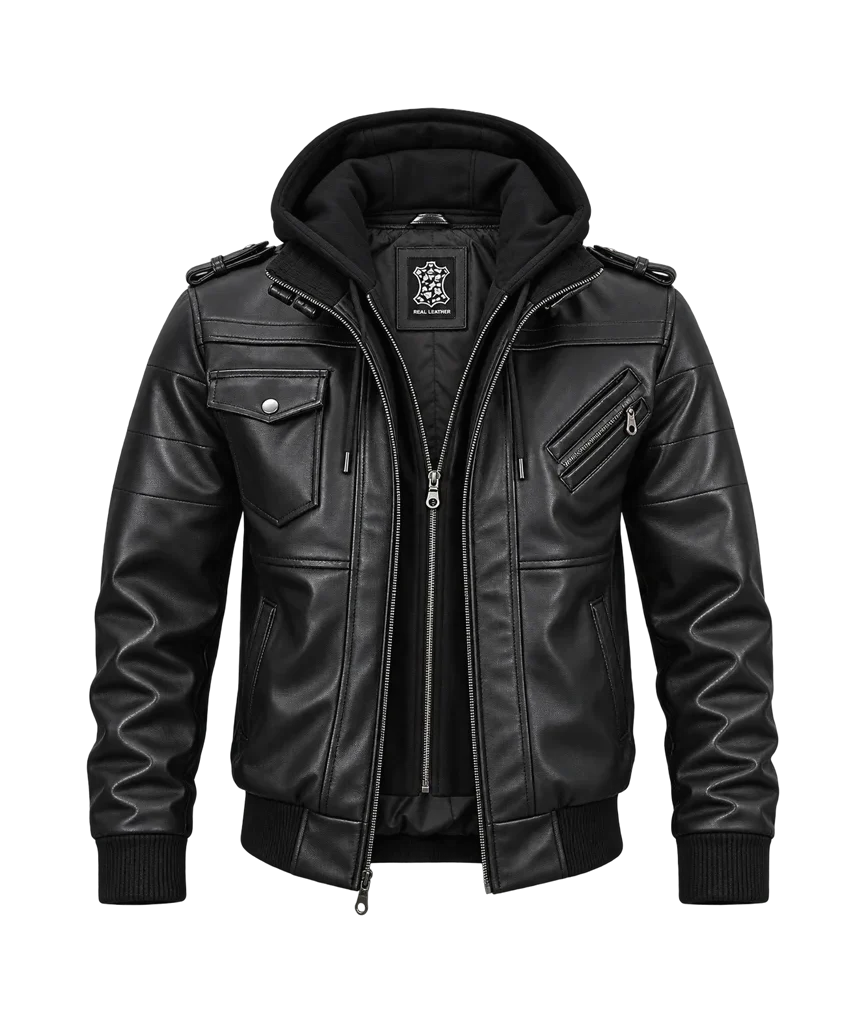 Edinburgh Men’s Leather Bomber Jacket with Removable Hood
