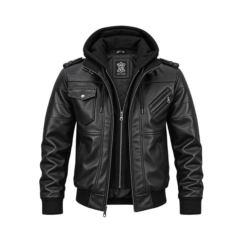 Edinburgh Men’s Leather Bomber Jacket with Removable Hood