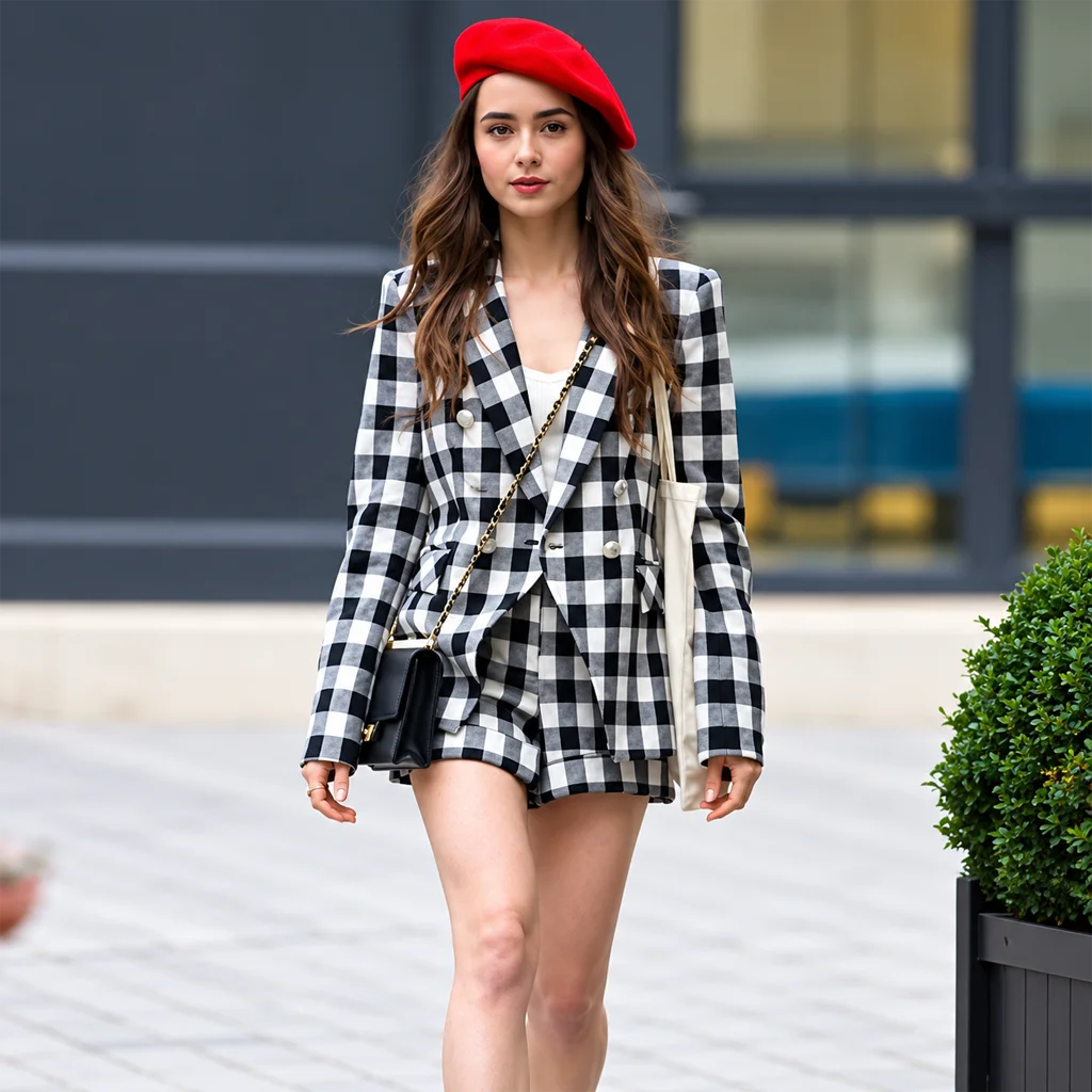 Emily Cooper Emily in Paris Black and White Gingham Blazer