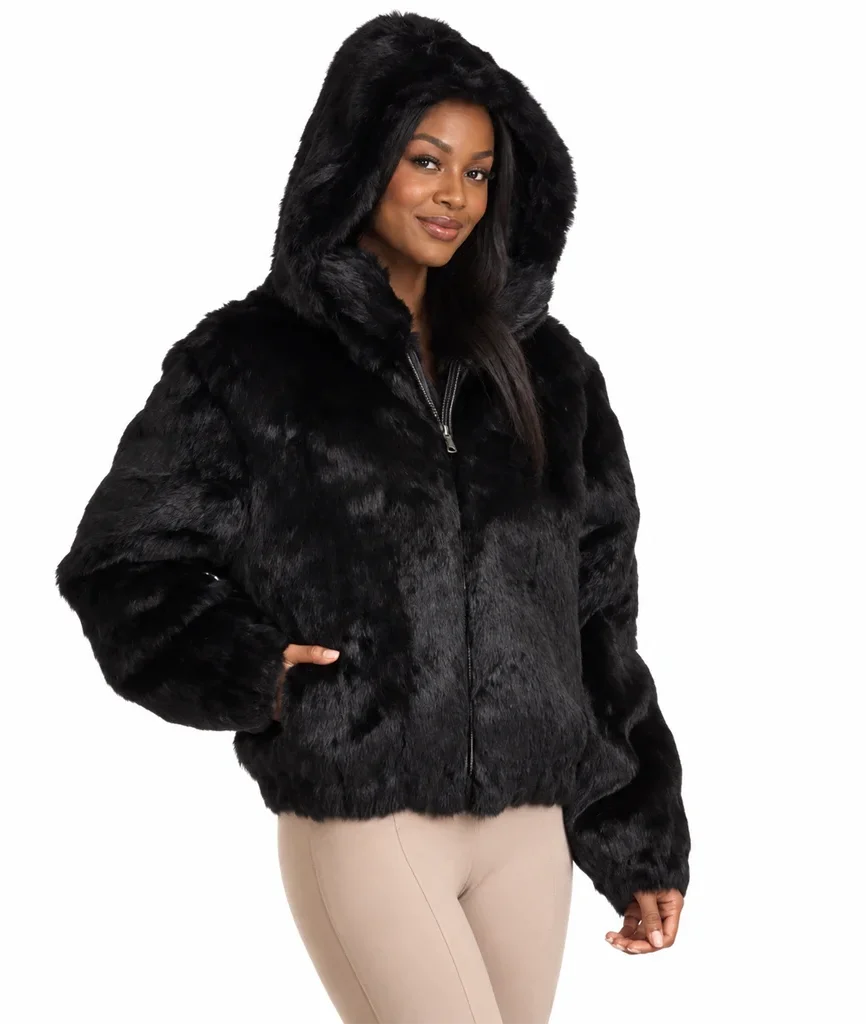 Frances Women’s Black Rabbit Fur Hooded Bomber Jacket