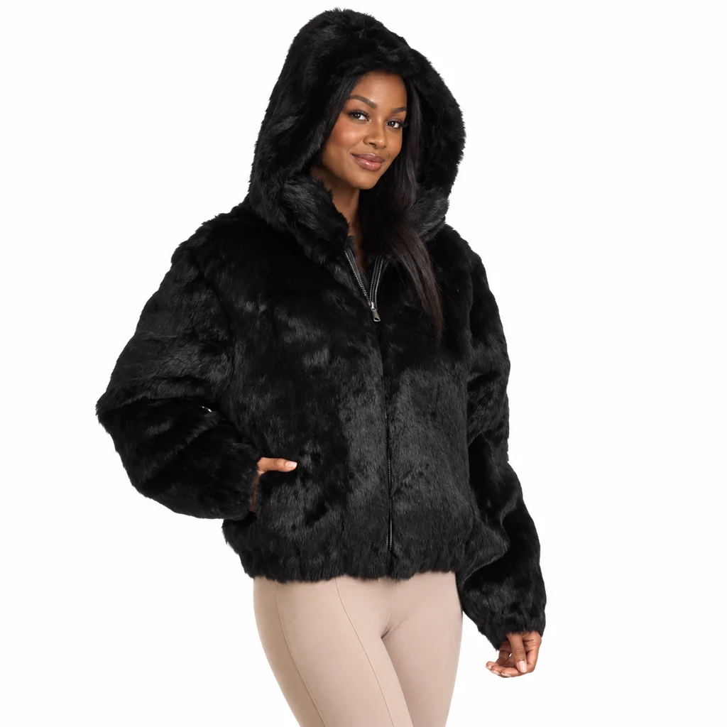 Frances Women’s Black Rabbit Fur Hooded Bomber Jacket