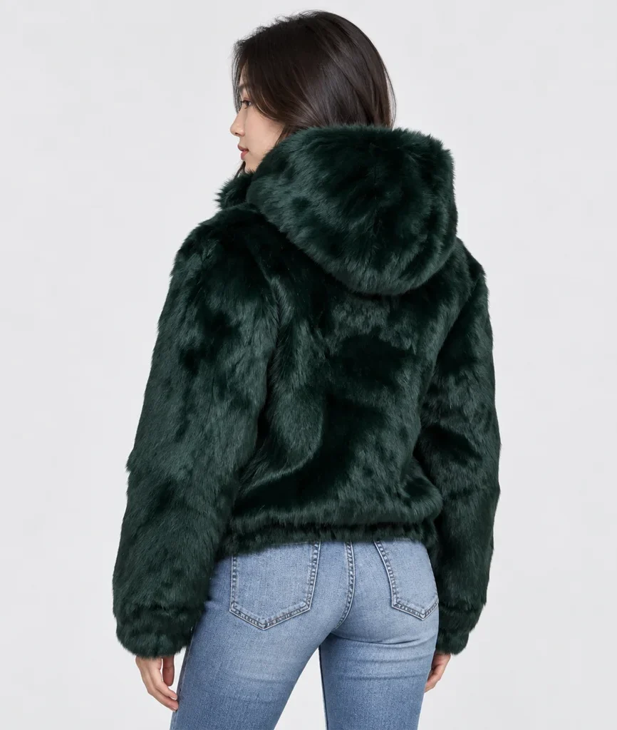 Frances Women’s Evergreen Rabbit Fur Hooded Bomber Jacket