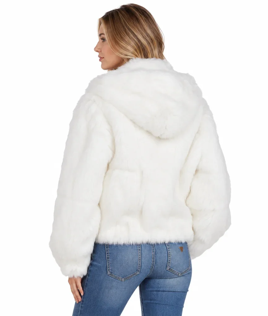 Frances Women’s White Rabbit Fur Hooded Bomber Jacket