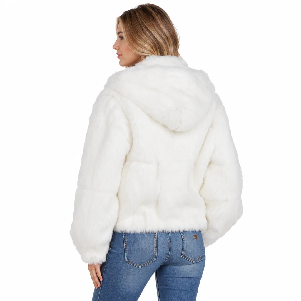 Frances Women’s White Rabbit Fur Hooded Bomber Jacket
