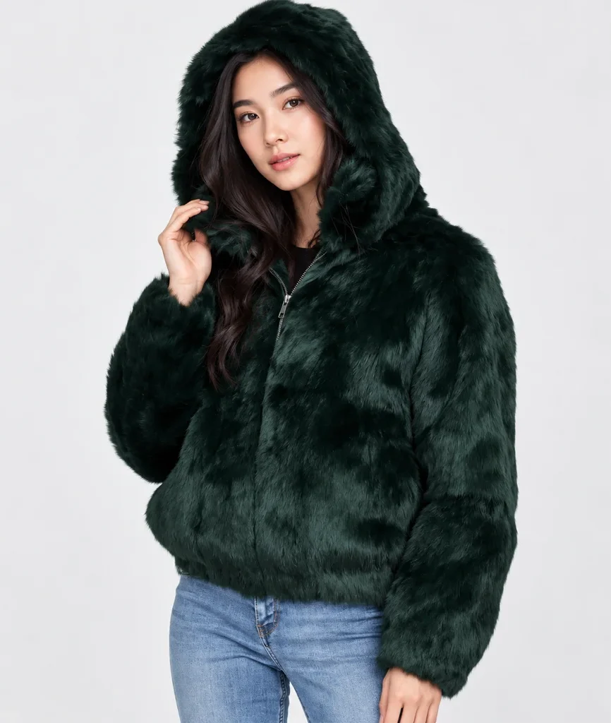 Frances Women’s Evergreen Rabbit Fur Hooded Bomber Jacket