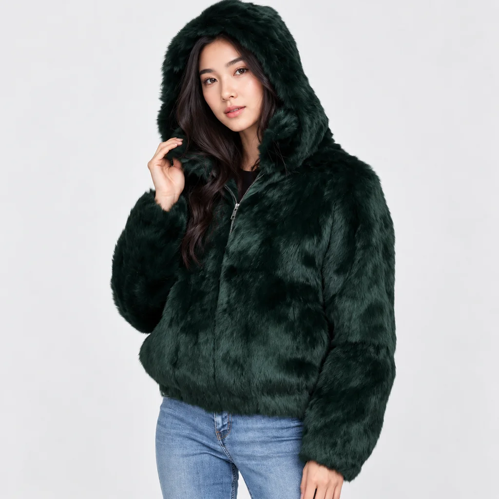 Frances Women’s Evergreen Rabbit Fur Hooded Bomber Jacket