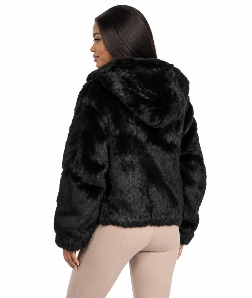 Frances Women’s Black Rabbit Fur Hooded Bomber Jacket