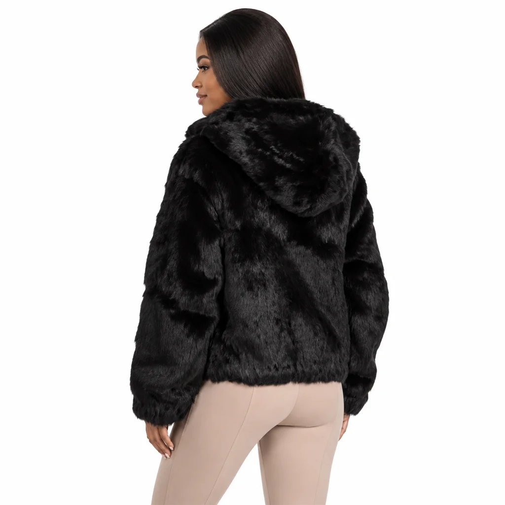 Frances Women’s Black Rabbit Fur Hooded Bomber Jacket