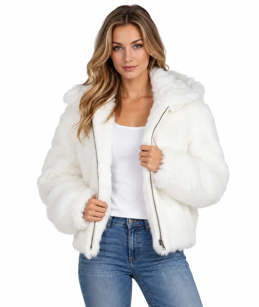 Frances Women’s White Rabbit Fur Hooded Bomber Jacket