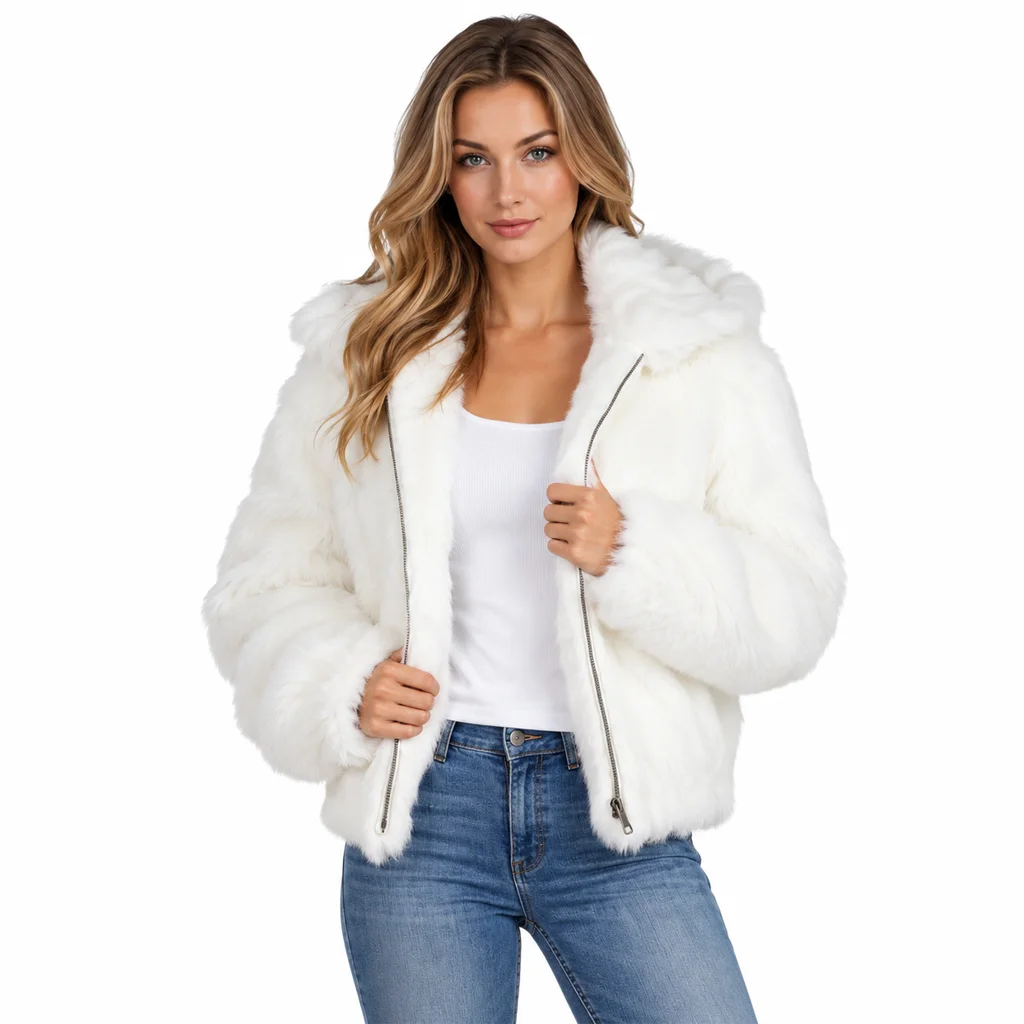 Frances Women’s White Rabbit Fur Hooded Bomber Jacket