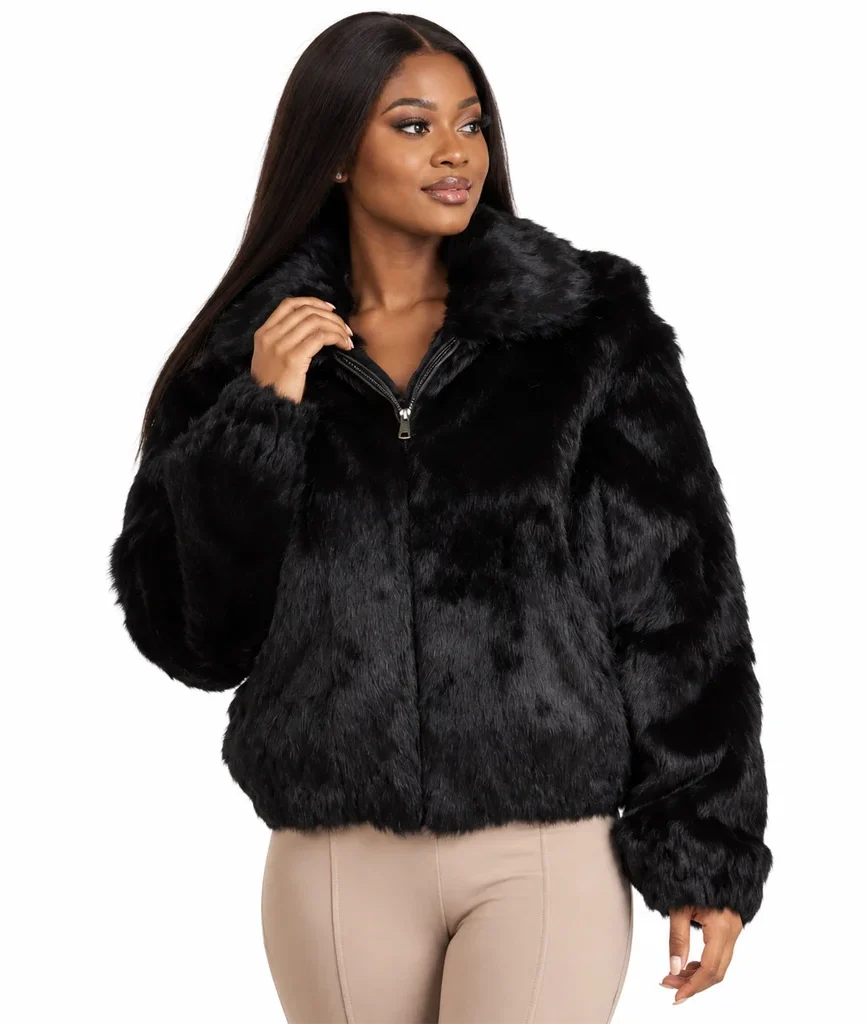 Frances Women’s Black Rabbit Fur Hooded Bomber Jacket