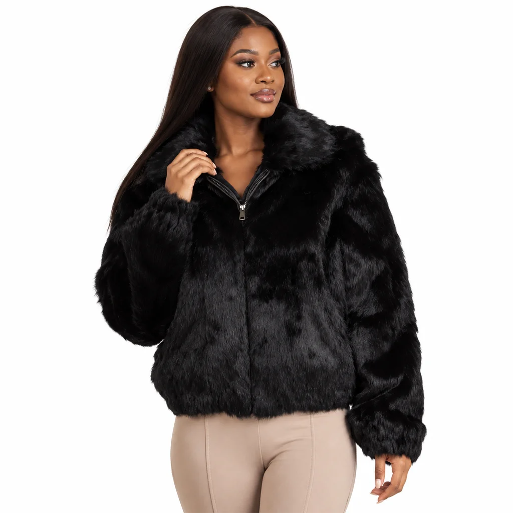 Frances Women’s Black Rabbit Fur Hooded Bomber Jacket