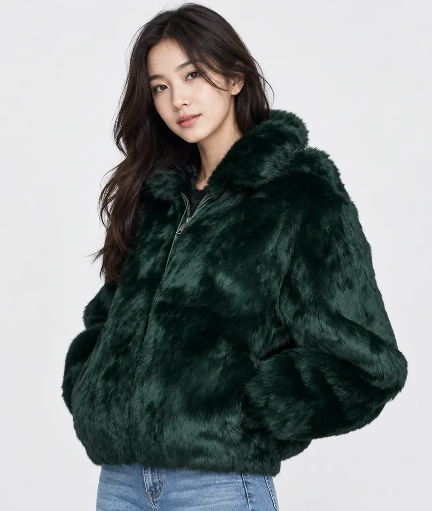 Frances Women’s Evergreen Rabbit Fur Hooded Bomber Jacket