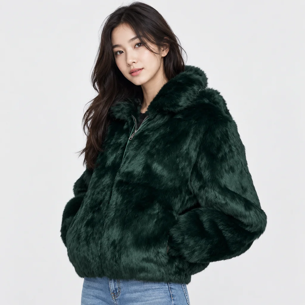 Frances Women’s Evergreen Rabbit Fur Hooded Bomber Jacket