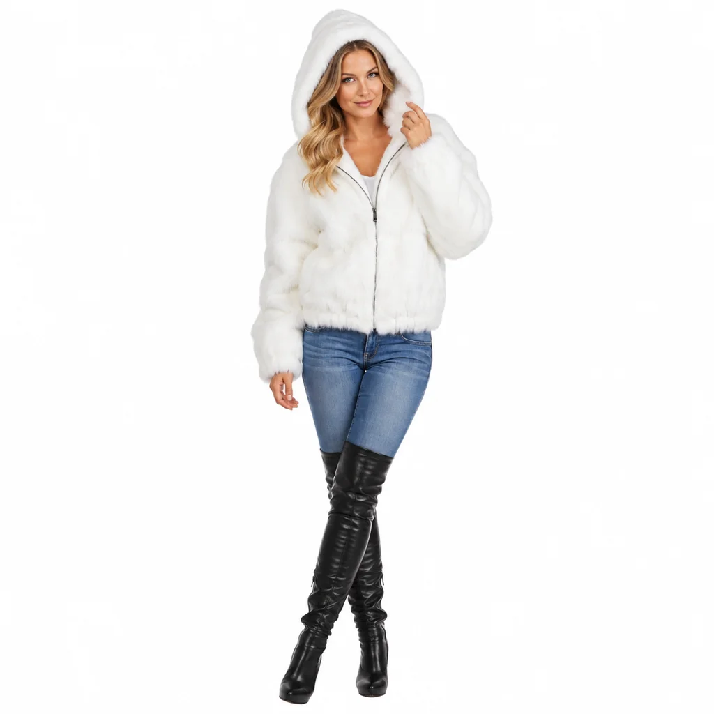 Frances Women’s White Rabbit Fur Hooded Bomber Jacket