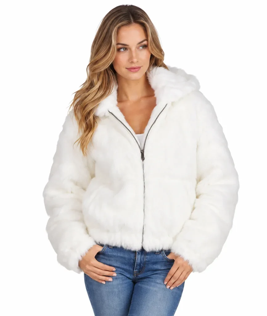 Frances Women’s White Rabbit Fur Hooded Bomber Jacket