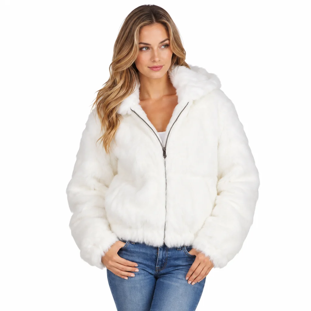 Frances Women’s White Rabbit Fur Hooded Bomber Jacket