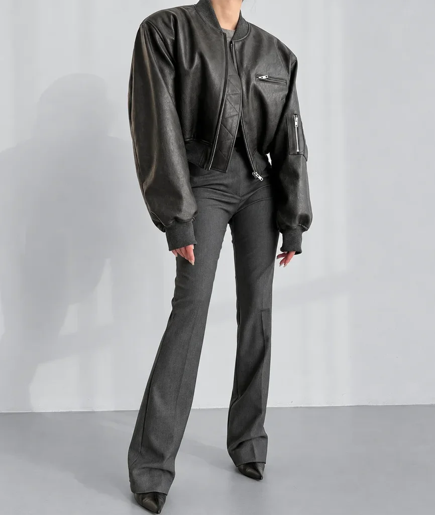 Women’s Textured Black Leather Cropped Bomber Jacket