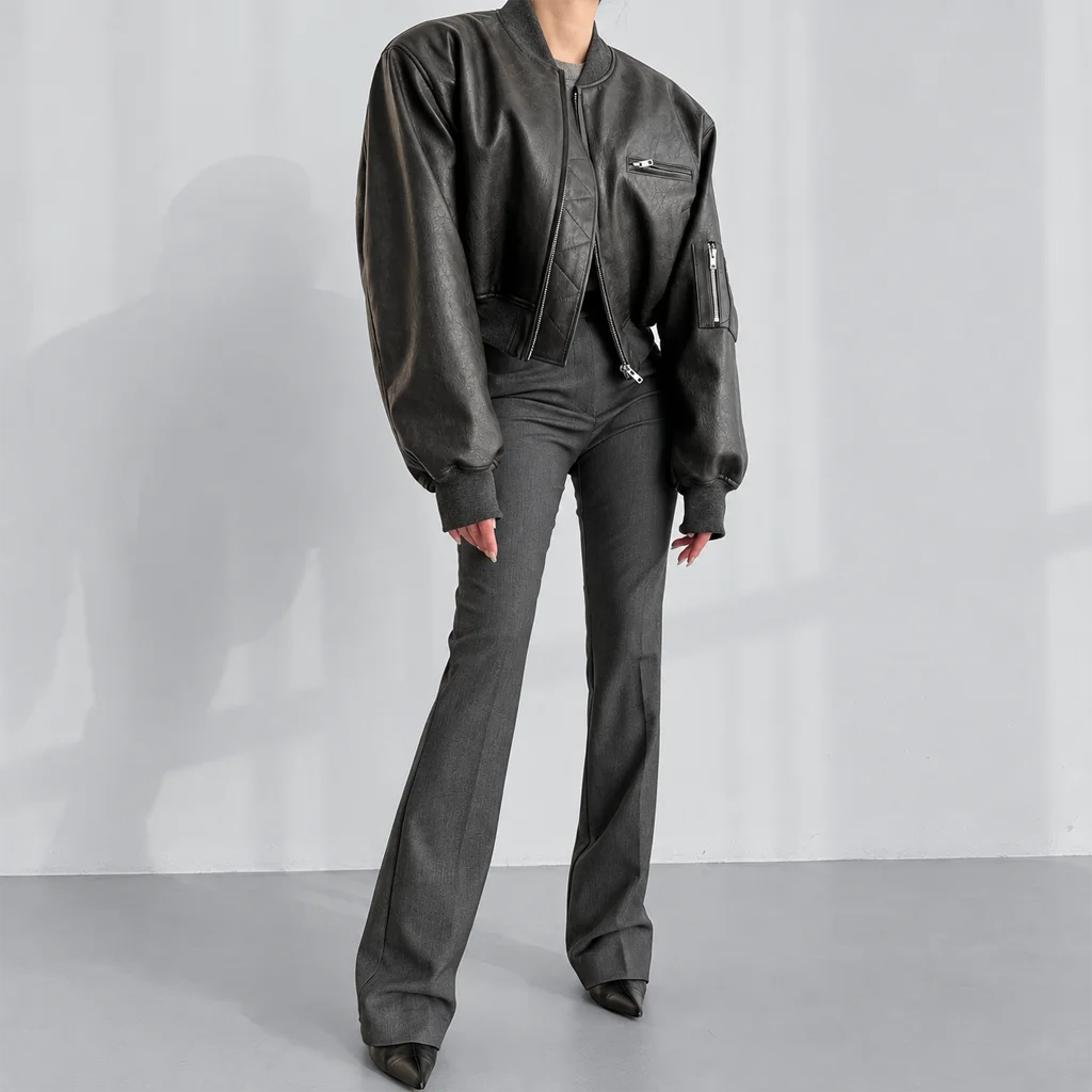 Women’s Textured Black Leather Cropped Bomber Jacket