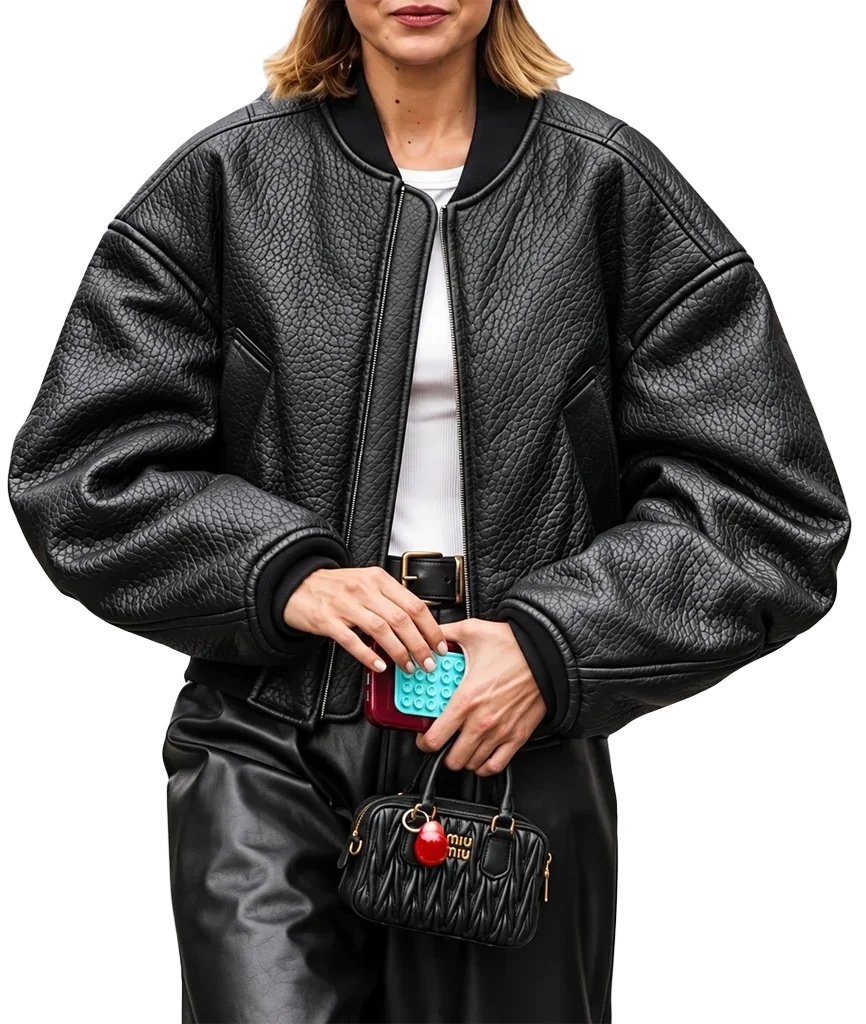 Gigi Hadid Women’s Black Pebbled Leather Bomber Jacket