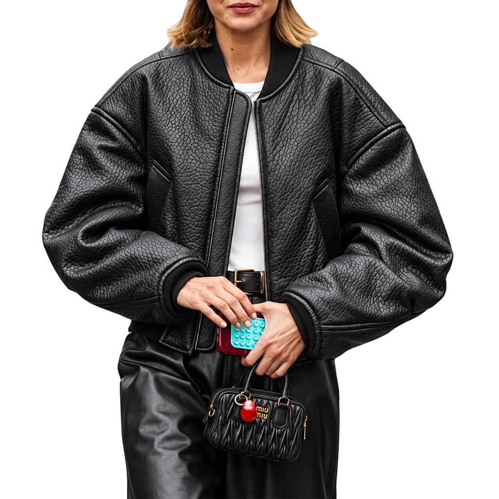 Gigi Hadid Women’s Black Pebbled Leather Bomber Jacket