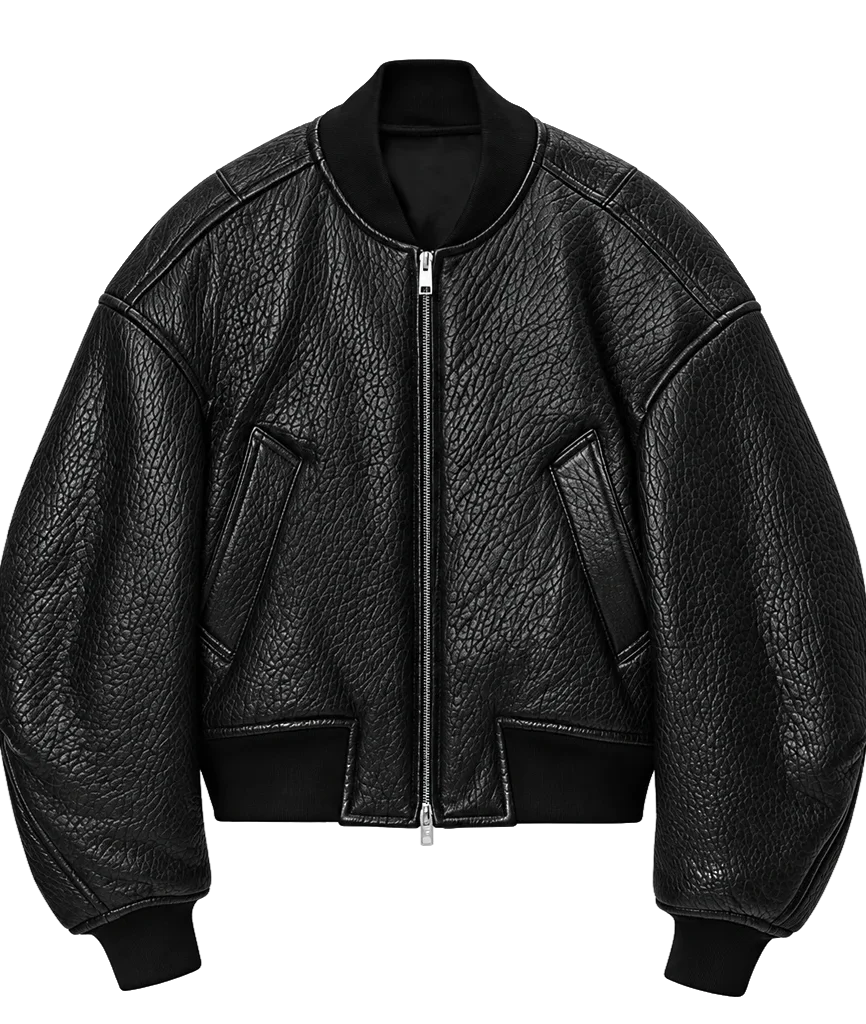 Gigi Hadid Women’s Black Pebbled Leather Bomber Jacket