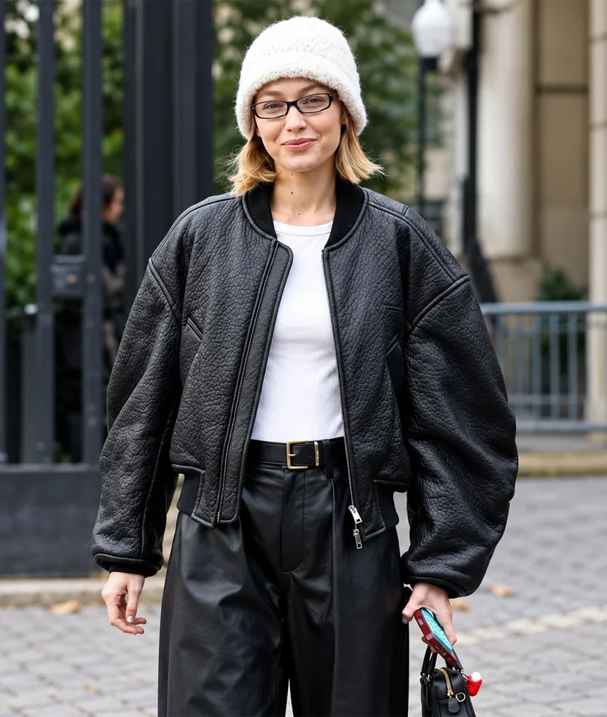 Gigi Hadid Women’s Black Pebbled Leather Bomber Jacket
