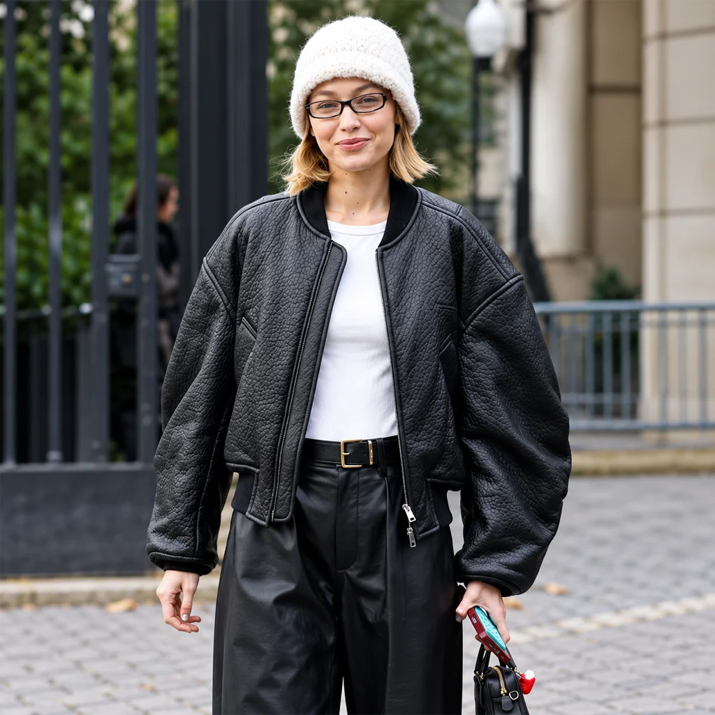 Gigi Hadid Women’s Black Pebbled Leather Bomber Jacket