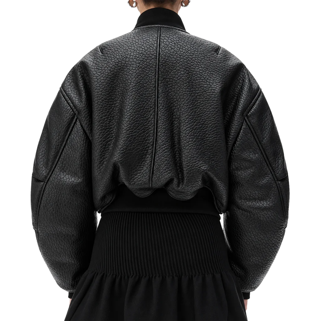 Gigi Hadid Women’s Black Pebbled Leather Bomber Jacket