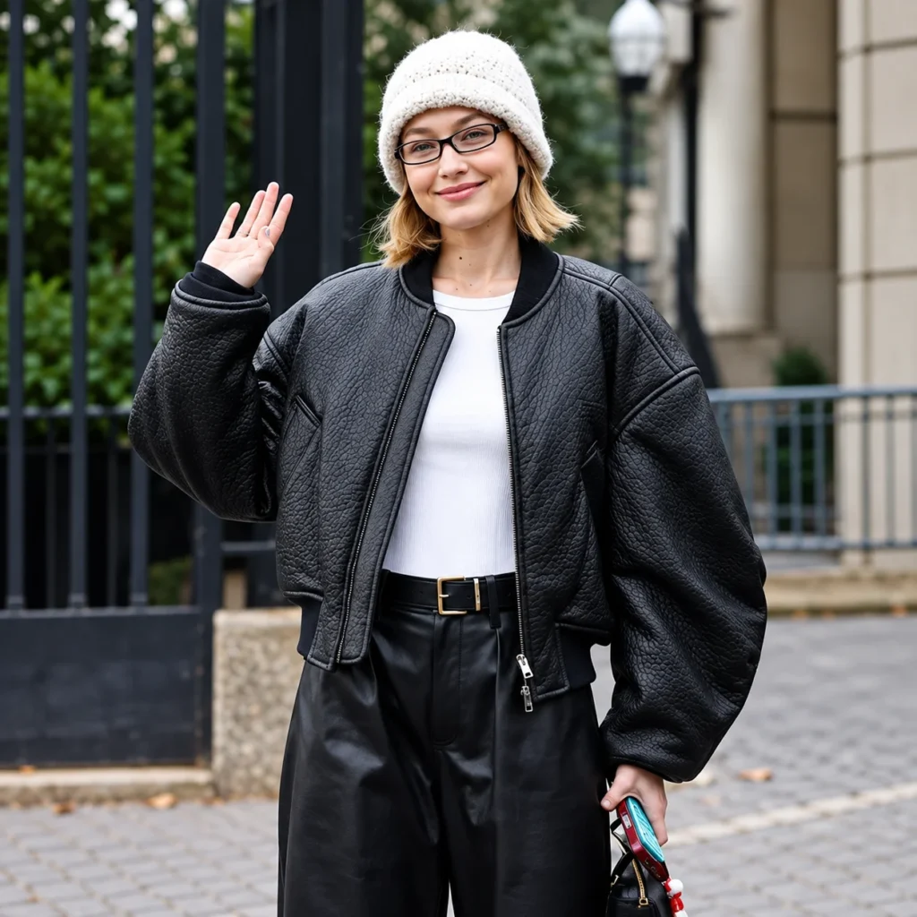 Gigi Hadid Women’s Black Pebbled Leather Bomber Jacket