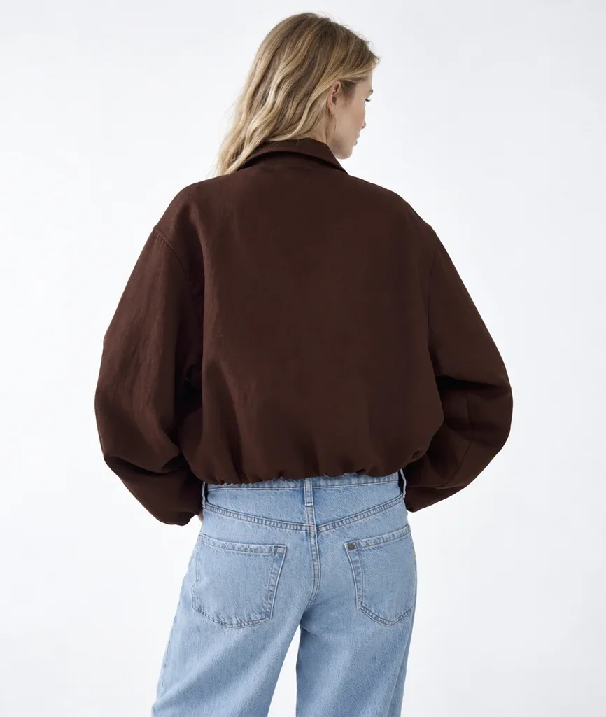 H&M Women’s Oversized Brown Bubble-Hem Bomber Jacket