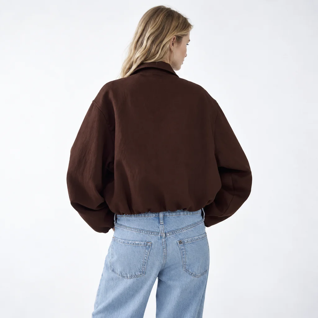 H&M Women’s Oversized Brown Bubble-Hem Bomber Jacket