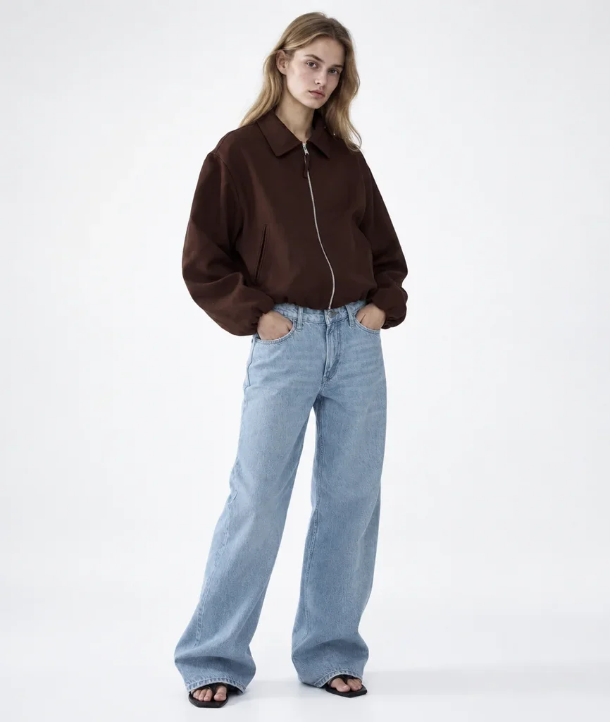H&M Women’s Oversized Brown Bubble-Hem Bomber Jacket