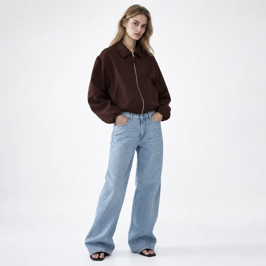 H&M Women’s Oversized Brown Bubble-Hem Bomber Jacket