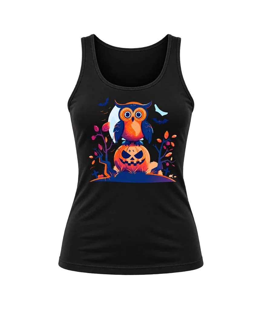 Halloween Owl Graphic Black Tank Top