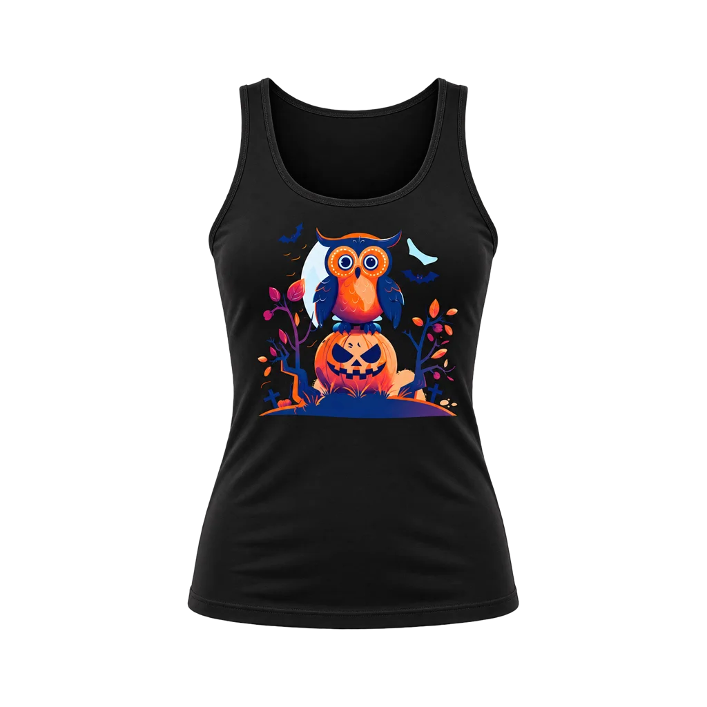 Halloween Owl Graphic Black Tank Top