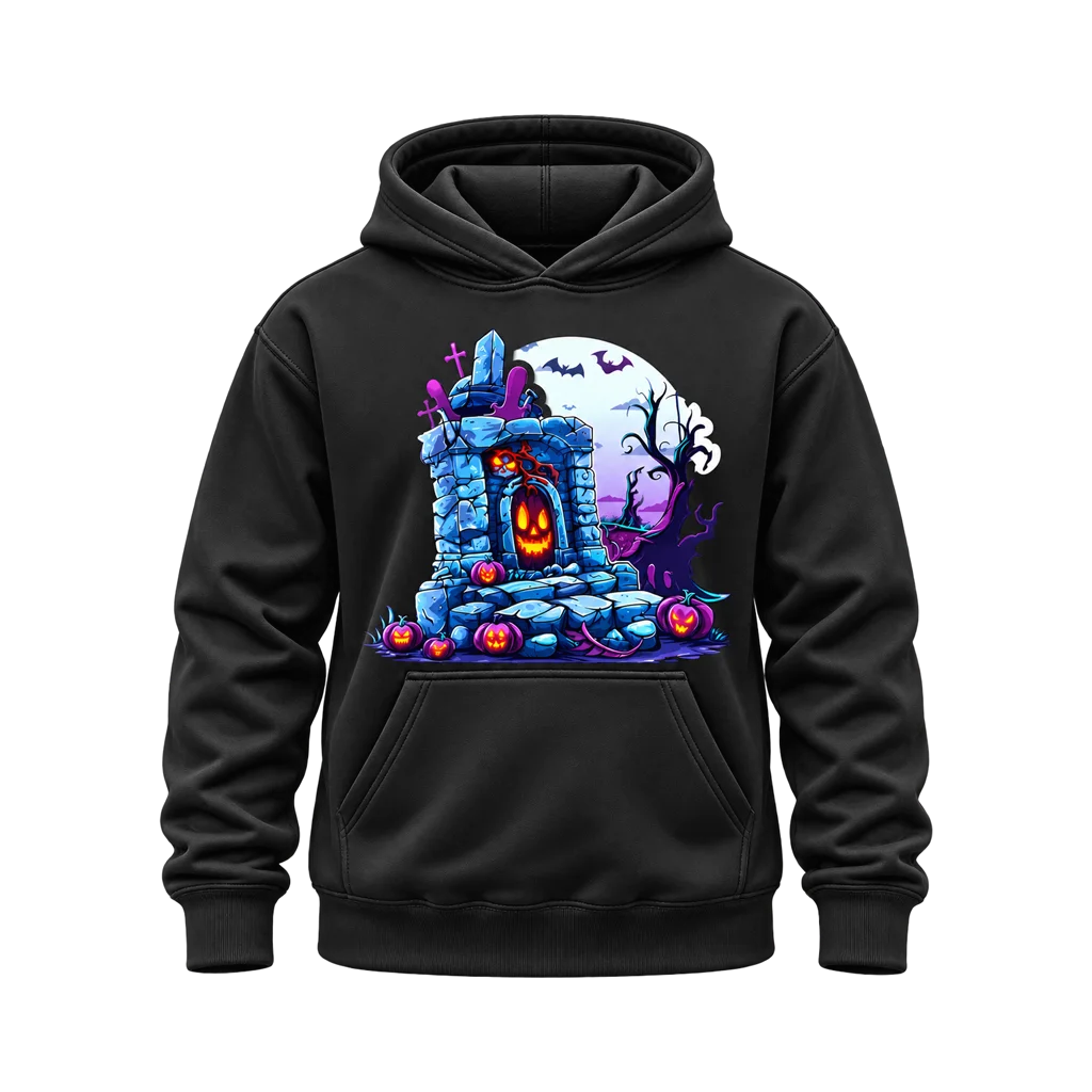 Halloween Graveyard Pumpkin Graphic Black Hoodie