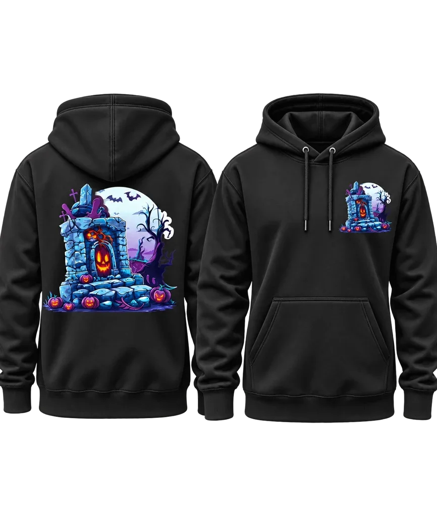 Halloween Graveyard Pumpkin Dual-Print Black Hoodie