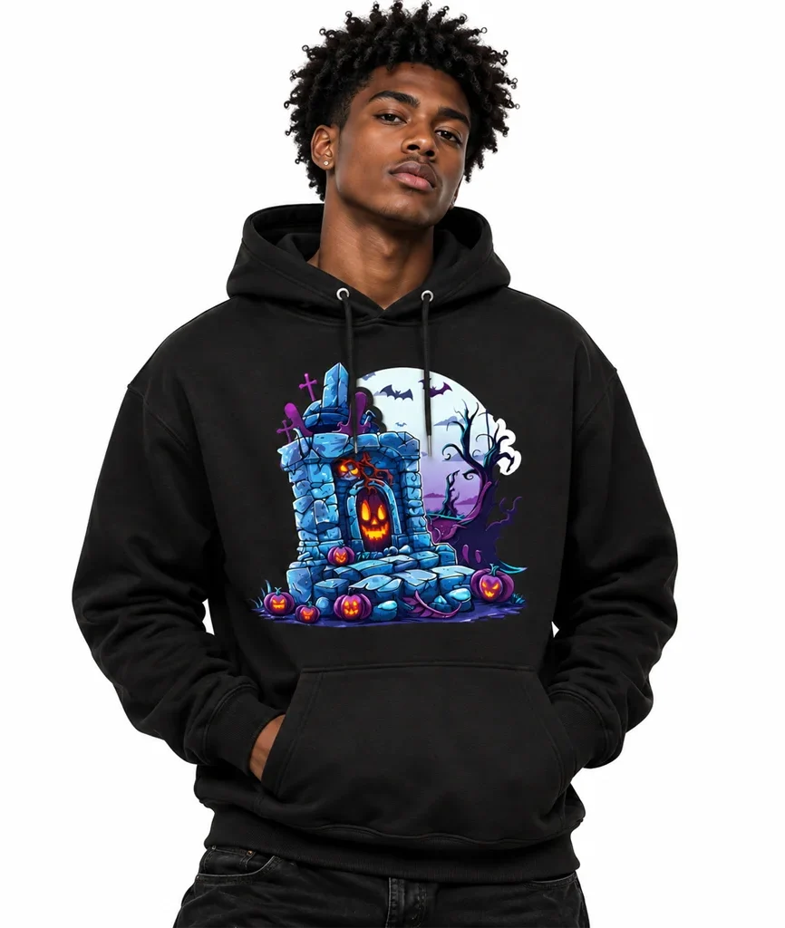 Halloween Graveyard Pumpkin Graphic Black Hoodie