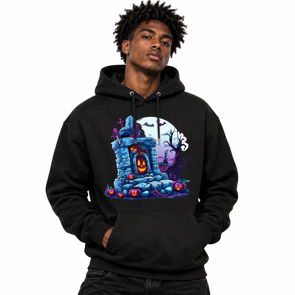 Halloween Graveyard Pumpkin Graphic Black Hoodie