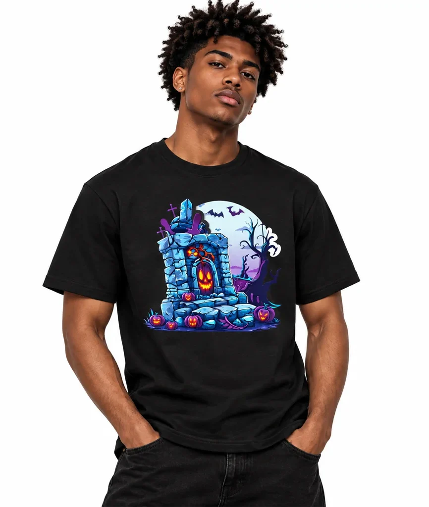 Halloween Graveyard Pumpkin Graphic Black T-Shirt