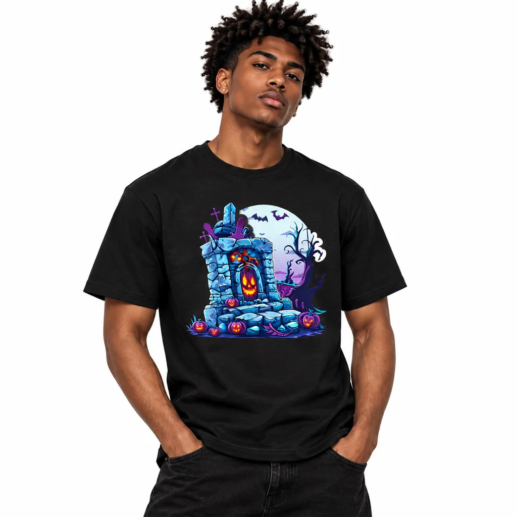 Halloween Graveyard Pumpkin Graphic Black T-Shirt