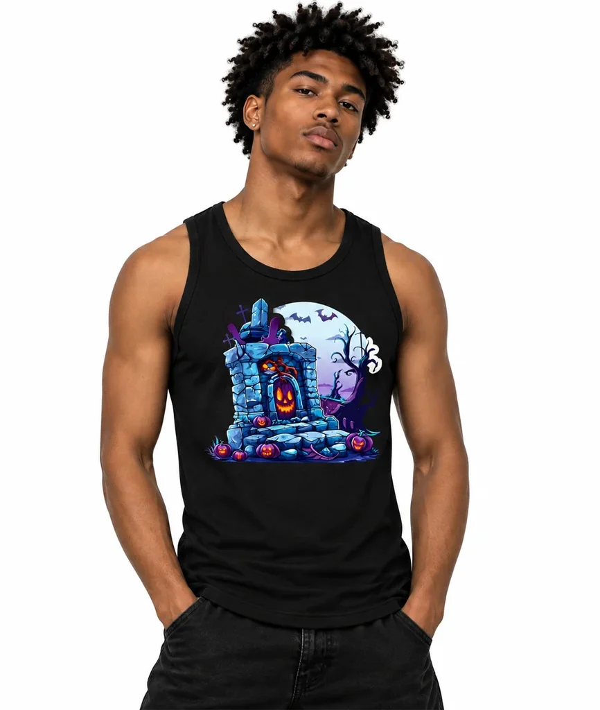 Halloween Graveyard Pumpkin Graphic Black Tanktop