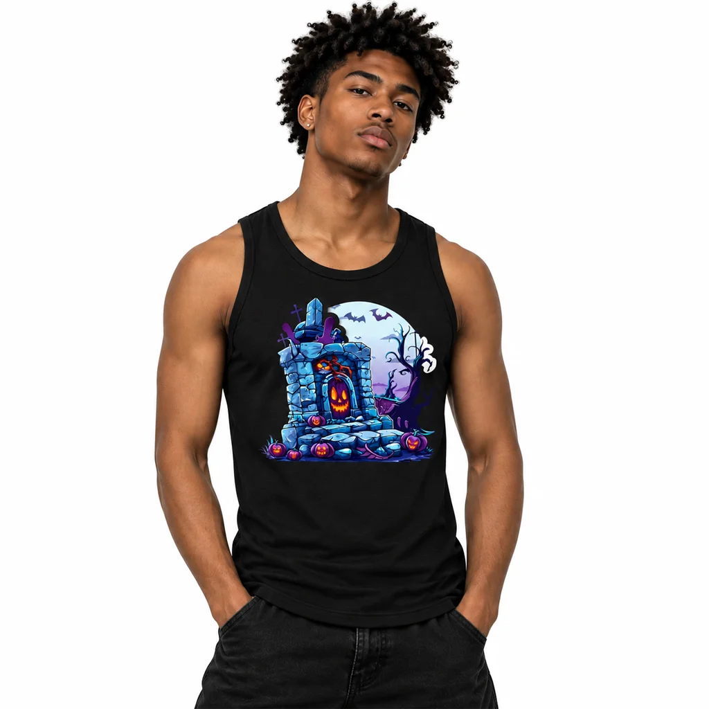 Halloween Graveyard Pumpkin Graphic Black Tanktop