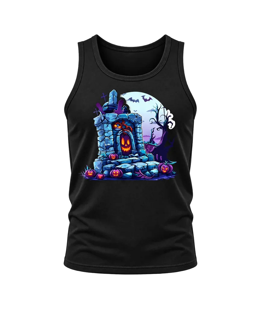 Halloween Graveyard Pumpkin Graphic Black Tanktop