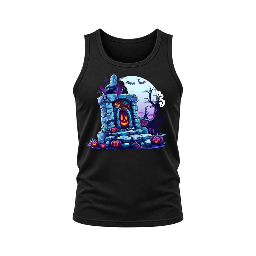 Halloween Graveyard Pumpkin Graphic Black Tanktop