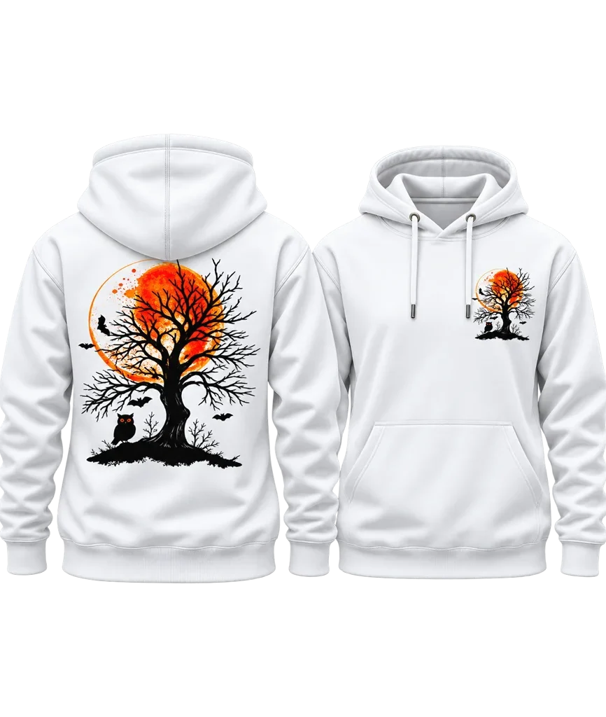 Halloween Orange Full Moon Tree and Owl Dual-Print White Hoodie