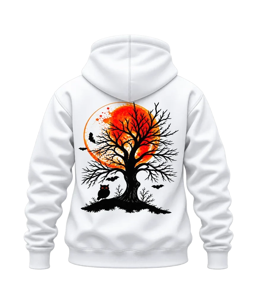 Halloween Orange Full Moon Tree and Owl Dual-Print White Hoodie