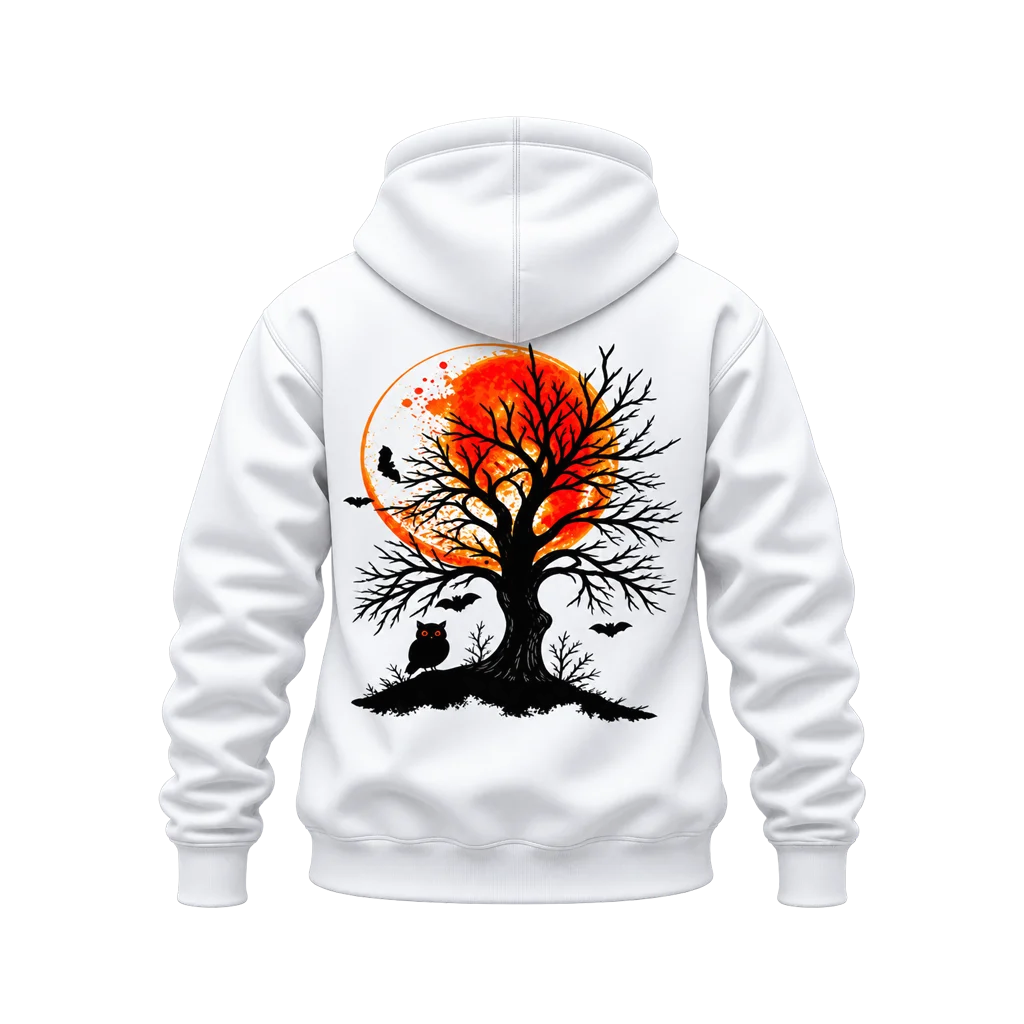 Halloween Orange Full Moon Tree and Owl Dual-Print White Hoodie